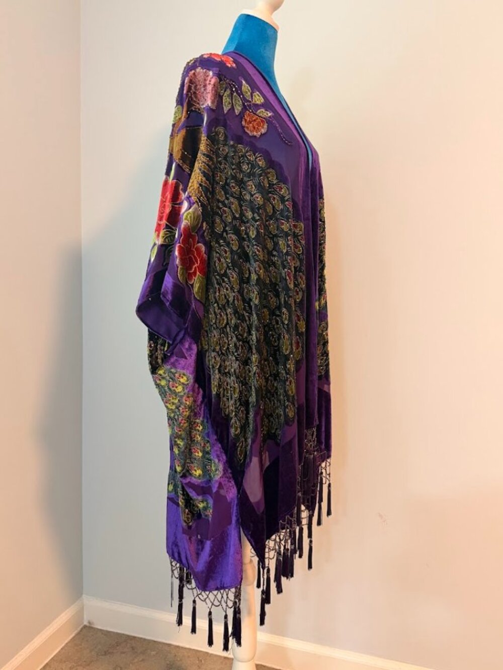 Purple Peacock Embroidered Kimono Duster Fringe Boho - Picture 5 of 11